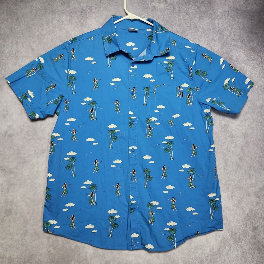 Hurley Mens Large Blue Hula Girl Palm Tree Tropical Short Sleeve Button Up Shirt